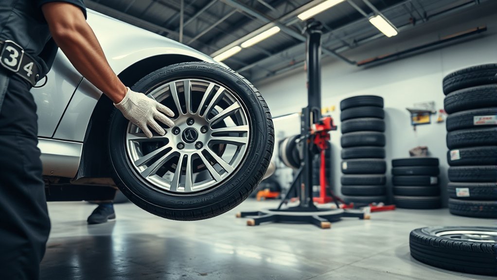 Technician installing a tire while service time varies by tire size, balancing, TPMS, and shop workload