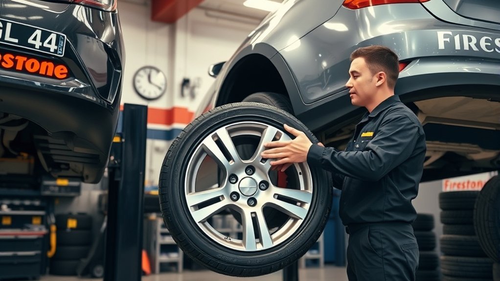 technician changing a vehicle tire in an auto service bay