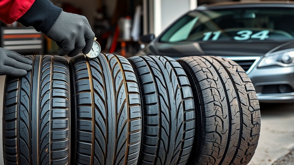driver inspecting tire tread and condition before replacement