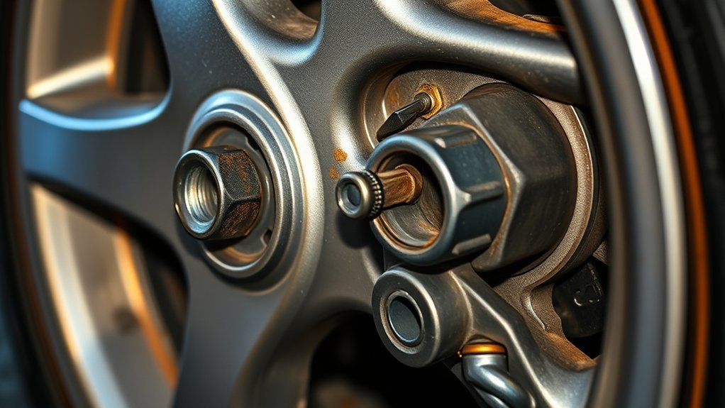 technician checking a wheel for warning signs of loose lug nuts