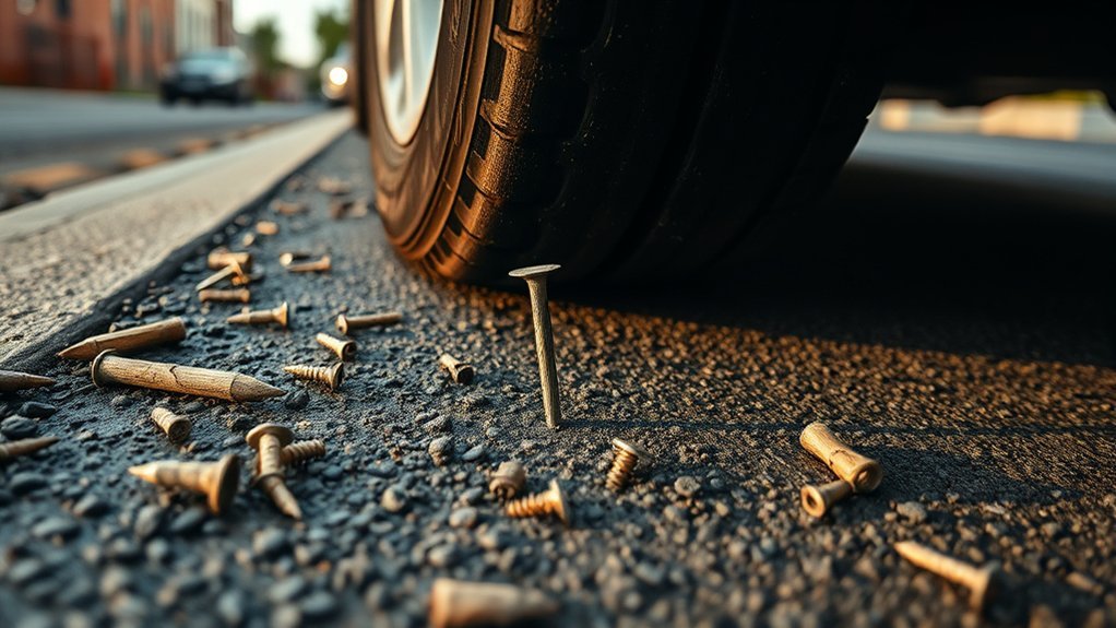 Nails and sharp road debris that can puncture tire tread