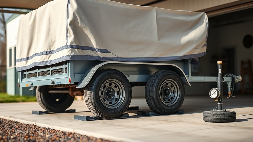 Trailer tire rubber showing weather-check cracking from sunlight, ozone, and heat exposure