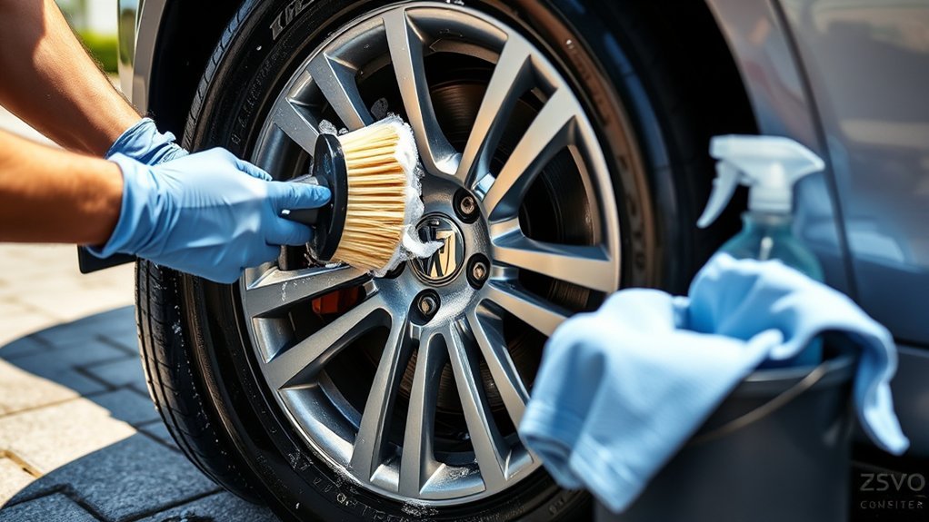 Cleaning a car wheel thoroughly with wheel-safe products and soft detailing tools