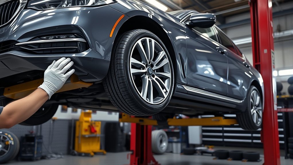Technician checking tires as part of rotation and wheel alignment maintenance