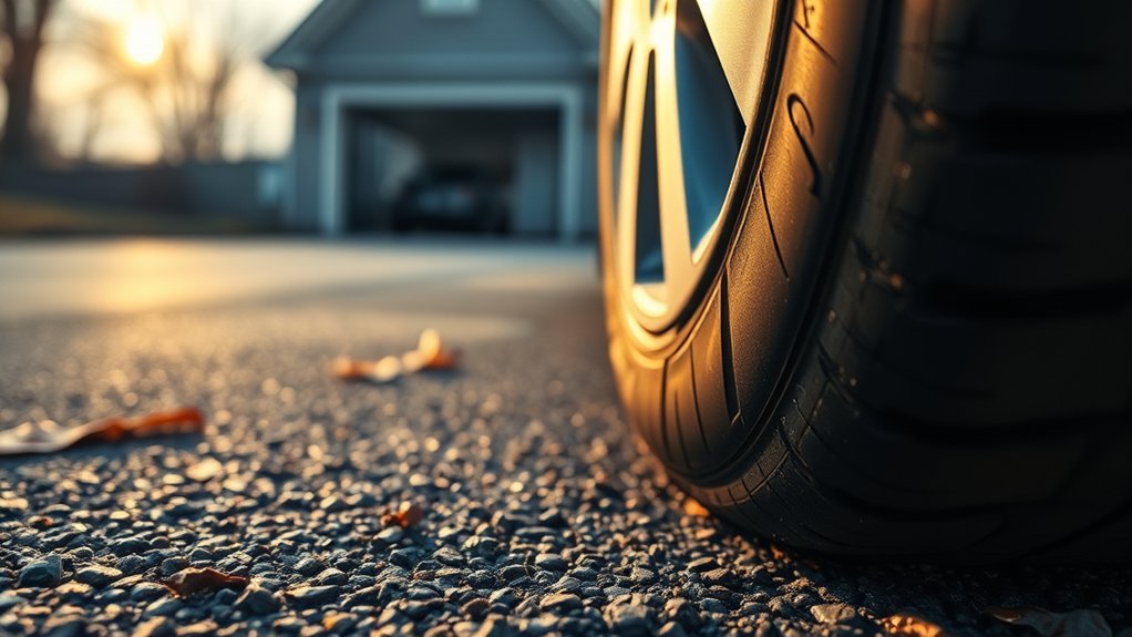 Driver checking tire pressure with a gauge during routine tire maintenance